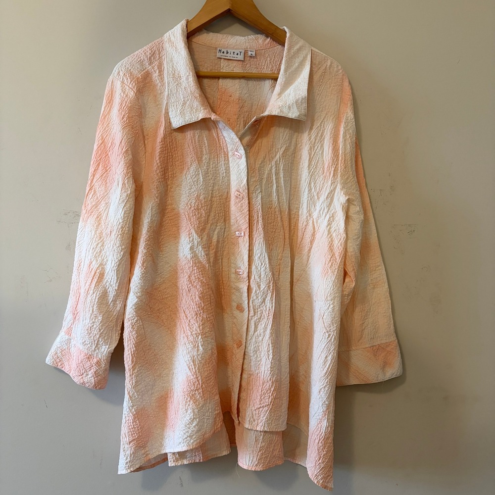 Habitat Textured Tie Dye Button Down Tunic Top Peach XL Back Button Detail